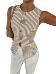 Shein Mellény Bézs-fehér Csíkos Dekoratív Gombokkal 38 M__M