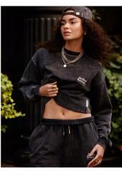 Nasty Gal Sötétszürke Rövid Ujjú Pulóver Mosási Hatás Feliratok Nasty Gal S