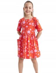 DeFacto Korall Mintás Pamut Ruha Rózsaszín Pöttyös Zsebekkel Defacto 122/128