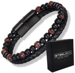 STEELOVA Bőr Karkötő Piros Tigrisszem Gyöngyökkel (BK1138d)