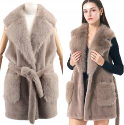 DEMUR Női Téli Mellény hosszú pántos szőrme sima bézs (kamizelki damskie zimowe na zimę futrzane)