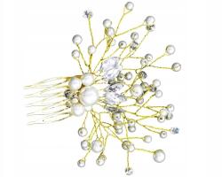  Arany színű fésű, hajdísz, ágacska gyöngyökkel és kristályokkal, Esküvői menyasszonyi (5905884072462)