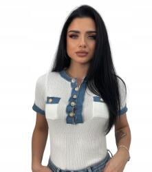  Női póló csíkos a'la pulóver fehér, farmer szegélyekkel