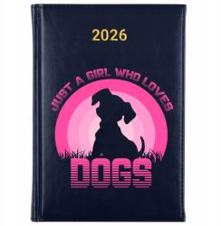 FunnyCase Könyvnaptár 2026 Girl Who Loves Dogs Sötétkék tervező Ajándék Minták (Kalendarz Granatowy GIRL WHO LOVES DOGS)