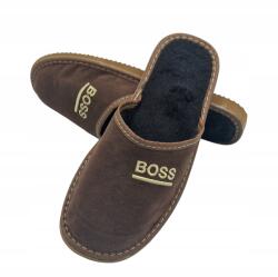 Maximus Férfi Papucs Bőr Melegítő Papucs Barna méret Felirattal 45 (52B02)