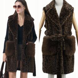 DEMUR Női Mellény Téli hosszú szőrme leopárdmintás barna