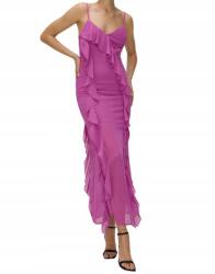 Reserved LC96105 Ruha Maxi Vállpántos Fodros V-nyakkivágással Rózsaszín (37) L