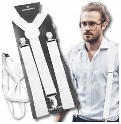 EdiBazzar Férfi fehér nadrágtartó, acél csatok, állítható, fehér csokornyakkendővel (Szelki do spodni białe mocne klamry zestaw)