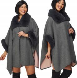 DEMUR Női Poncsó ágytakaró meleg téli gyapjú szőrme szürke (poncza damskie ciepłe zimowe na zimę jesień)