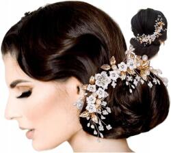  Arany színű fésű esküvőre, hajdísz fehér virágokkal, gyöngyökkel és kristályokkal (5905884072493)