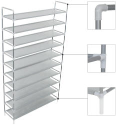 vidaXL 10 polcos ezüstszínű fém/nemszőtt kelme cipőtartó (245631)