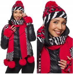 DEMUR Női Szett Téli Sál Sapka Kesztyű Szett meleg kötött piros (komplety damskie z szalem czapką rękawiczkami)