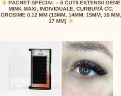 Royal Beauty ✨ Pachet Special - 5 Cutii Extensii Gene Mink Individuale, Curbură CC, Grosime 0.12 mm (13mm, 14mm, 15mm, 16 mm, 17 mm)-20 randuri ✨