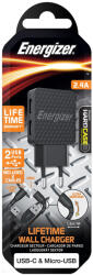 Energizer fali töltő 2x USB 2.4A+ USB-C 2.0 kábel + MicroUSB kábel fekete (ENE-EAC2BEULCMM)