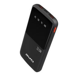 Awei p10k vésztöltő 2 usb+type-c aljzat, 10000mah, 22.5w, pd gyorstöltő, led kijelző, fekete (P10K)