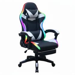 PRO-X GOBOLED Scaun gamer cu suport pentru picioare cu iluminare LED - alb și negru (BM038)