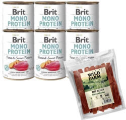 Brit Brit Mono Protein Tonhal és édesburgonya 6x400g + WILD FARM marhahús filé 500g kutyakeksz