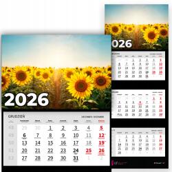 Plaka_TY Háromrészes Falinaptár 2026-ra Függő Irodai Napraforgó Minták (Kalendarz 2026 Rok Słoneczniki Wzory)