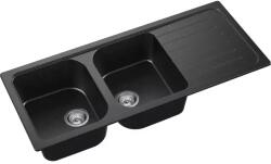 AXIS KITCHEN A-POINT 200 kétmedencés csepegtetőtálcás gránit mosogató szifonnal, fekete-szemcsés, megfordítható, beépíthető (11A.AT200.88A.0011A)