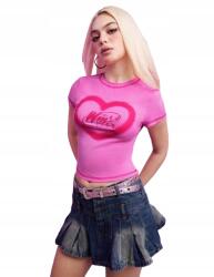 Shein Rövid Rózsaszín Női Póló Nyomott Mintával És Kerek Nyakkivágással Xs 1HE (sz2412195080448819)