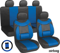 Autolife 11 részes üléshuzat szett Deréktámasz + Légzsák kompatibilis - fekete-kék AG28505BL PLUS (UL-AG28505BBL) - akcio-shop