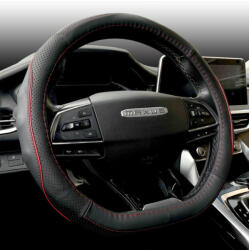 HD Fekete Bőr Kormányvédő "D" Típusú 38cm átm. , Piros Betéttel, KV-5209D/BR (5209BR) - akcio-shop