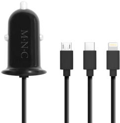 MNC Szivargyújtós adapter töltő 4 az 1-ben + USB - fekete Lightning, MicroUSB, Type-C (74910)