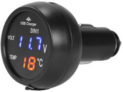 Autolife 13207 USB-s autós töltő, voltmérővel és LCD digitális hőmérővel, szivargyújtó csatlakozás 12/24V (13207) - akcio-shop