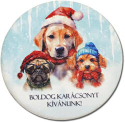 Nyomtatott fa tábla koszorú közép - Boldog karácsonyt kutyusos 14, 8cm - papelito