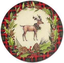 Nyomtatott fa tábla koszorú közép - Szarvasos piros kockás 14, 8cm - papelito