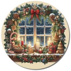 Nyomtatott fa tábla koszorú közép - Karácsonyi ablak gyertyás 11, 8cm - papelito