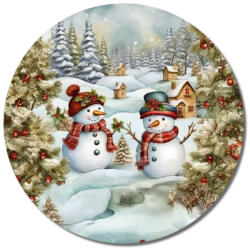 Nyomtatott fa tábla koszorú közép - Hóemberek téli táj 11, 8cm - papelito