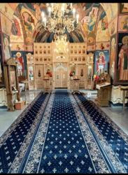 LOTOS Traversa Bisericeasca Lotos 15033-810, Latime 0.8m, Marime 80 x 2400 cm, Albastru, Inaltime Fir 8 mm, Festonata Surfilata Tivita, Antialergica, Polipropilena, Manastire, Biserica, Altar, Naos, Pro Covor