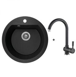 Laveo DAFNE SET fekete Gránit mosogató: egykör, Szín: fekete, Fekete álló csappal, SRDA_780T (SRDA_780T)