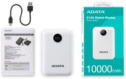 ADATA Power Bank 10000mAh C100 Fehér, Digitális kijelző PC10022-12WH (PC10022-12WH)