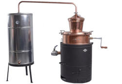 DES pálinkafőző 100 L keverővel, leeresztőcsappal, bilincses, horganyzott. spirálcsöves 200L hűtővel