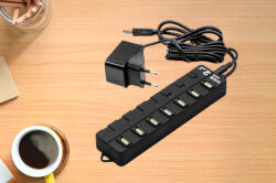 Laptophardware USB elosztó HUB 7db USB 2.0 porttal, tápegységgel, mindegyik USB külön kapcsolóval