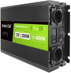 Green Cell Przetwornica napicia PowerInverter LCD 12 V 2000W/40000W Przetwornica samochodowa z wywietlaczem - czysty sinus Automatikus Fekete (INVGC12P2000LCD)