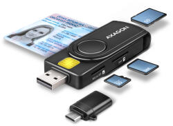 Axagon CRE-SMP2A USB Smart card & SD/microSD/SIM PocketReader chipkártya olvasó Beltéri USB 2.0 Fekete (CRE-SMP2A)