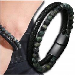  Férfi bőr karkötő zöld természetes kő gyöngyökkel (5905884063217)