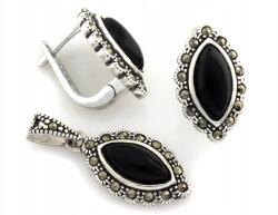 Lovrin 925-ös ezüst szett fekete köves és markazit köves fülbevalóval és medállal (Lovrin)