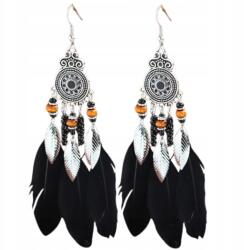 EdiBazzar Etnikai fülbevaló, hosszú, boho stílusú, fekete tollakkal, ezüst színű részletekkel, lógós (5905884064764)