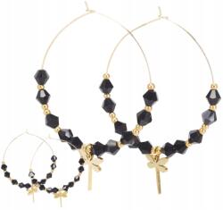 EdiBazzar Függő, aranyozott 18K sebészeti acél karika fülbevaló fekete gyöngyökkel