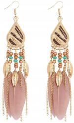  Fülbevaló hosszú lógós tollas boho orientális rózsaszín női tollakkal (B61)
