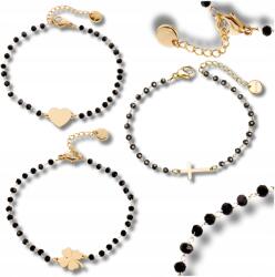 EdiBazzar 3 darabos karkötő szett, gyöngyökkel, sebészeti acélból, arany színű szív, kereszt, lóhere (Zestaw bransoletek koraliki stal chirurgiczna)