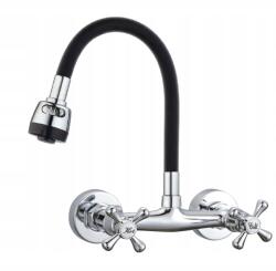  Konyhai Csaptelep, fali, fekete, FLEX kifolyócső, ezüst (S20553A)