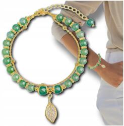  Kétrétegű karkötő zöld gyöngyökkel, levélke arany színű medállal (zielone koraliki dwuwarstwowa bransoletka)