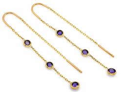 Lovrin Hosszú, lógó arany fülbevaló 585-ös finomságú, lila cirkónia kövekkel, 1, 43g, ajándékba