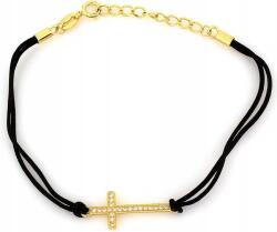 Lovrin Ezüst 925 karkötő aranyozott, cirkónia köves kereszttel, fekete zsinóron (Lovrin)