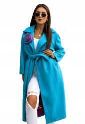  Elegáns női kabát övvel és levehető virággal Kék (EB24534)